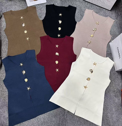 Metallic Button Sleeveless Fitted Vest